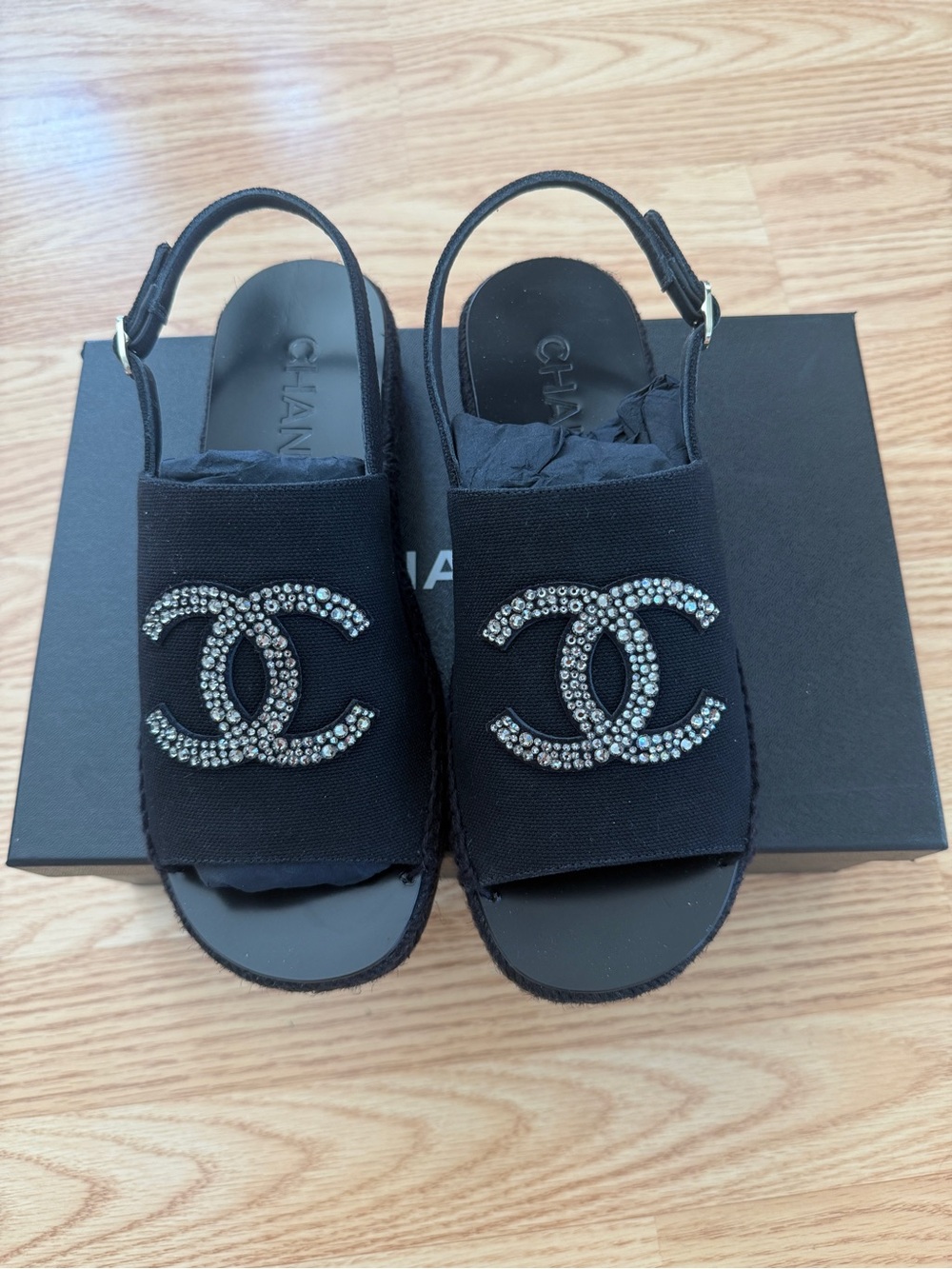 CHANEL Black Slingback Sandals with Crystal CC Logo